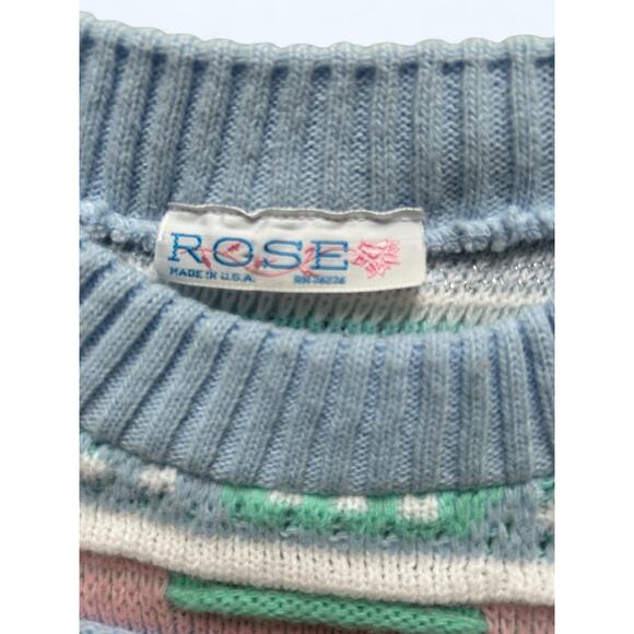 Vintage 80s Rose Pastel Sparkle Coogi Style Chunky Knit Sweater Fairy Kei M/L - Picture 6 of 10